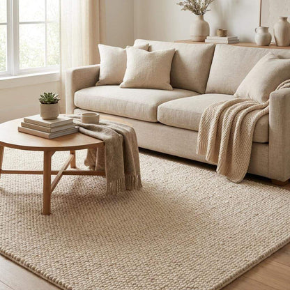 Chunky wool rug handwoven loop pile in neutral cream for cozy minimalist home decor