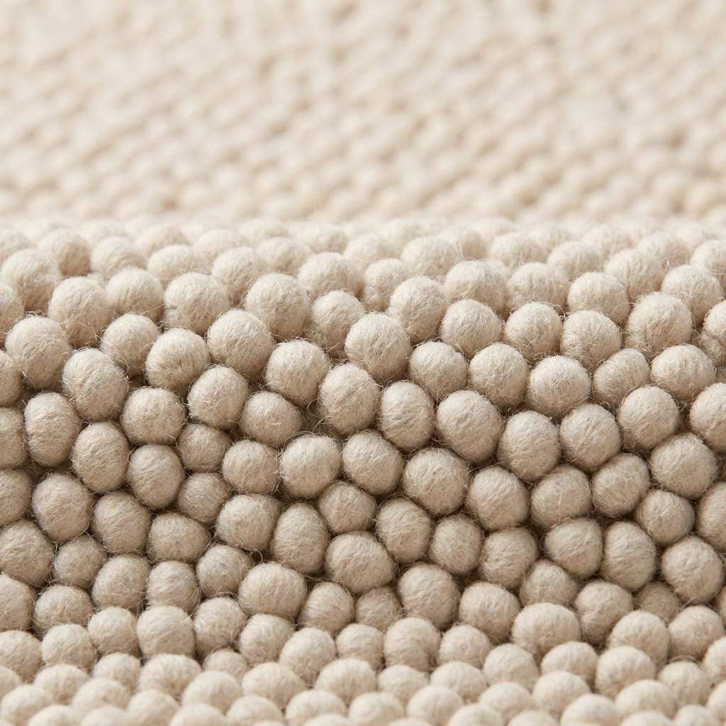 Chunky wool rug with thick handwoven loop pile in neutral cream for cozy minimalist home decor