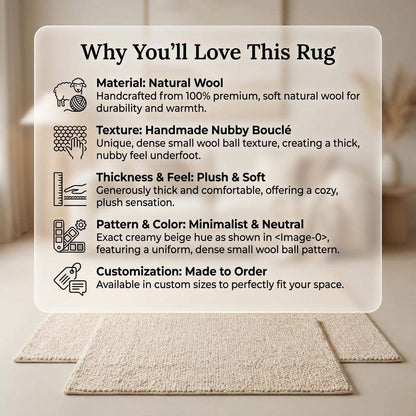 Chunky wool rug with thick handwoven loop pile in neutral cream for cozy minimalist decor