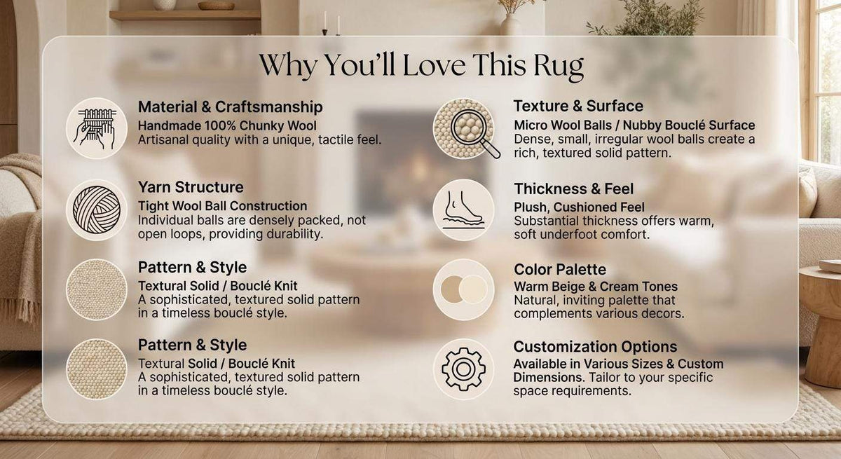Chunky wool rug with neutral tones and handwoven loop pile texture in a cozy minimalist living room setting