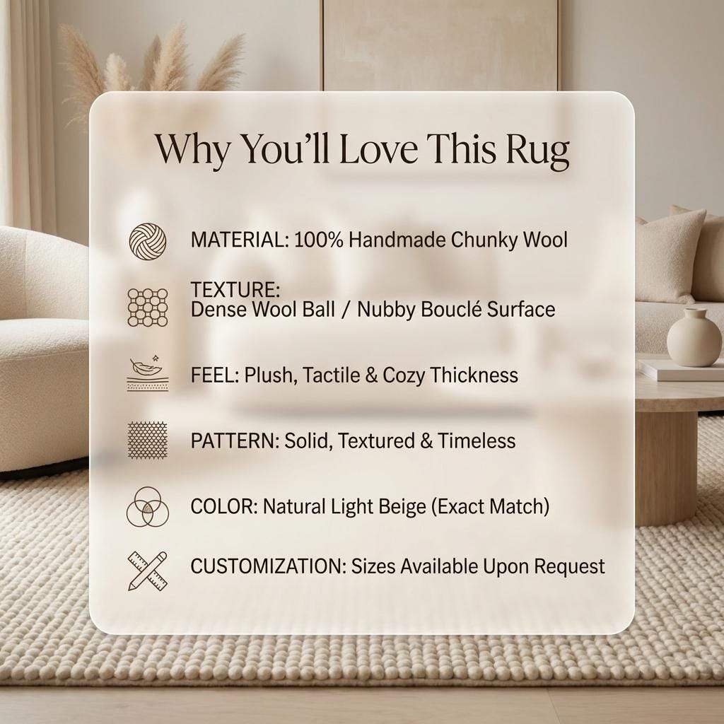 Handmade chunky wool rug with thick, soft textured neutral fibers for cozy minimalist Scandinavian decor