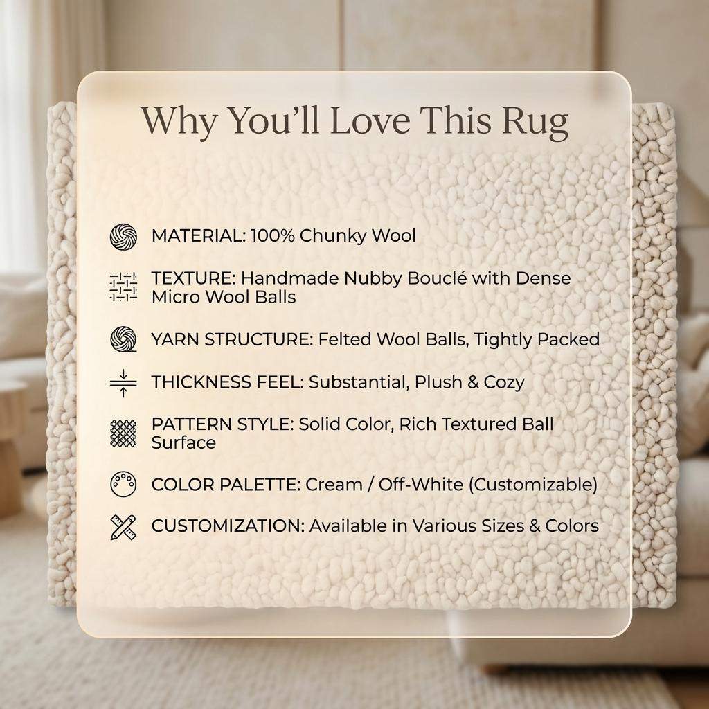 Handmade chunky wool rug with thick textured loops in a neutral tone for cozy minimalist home decor
