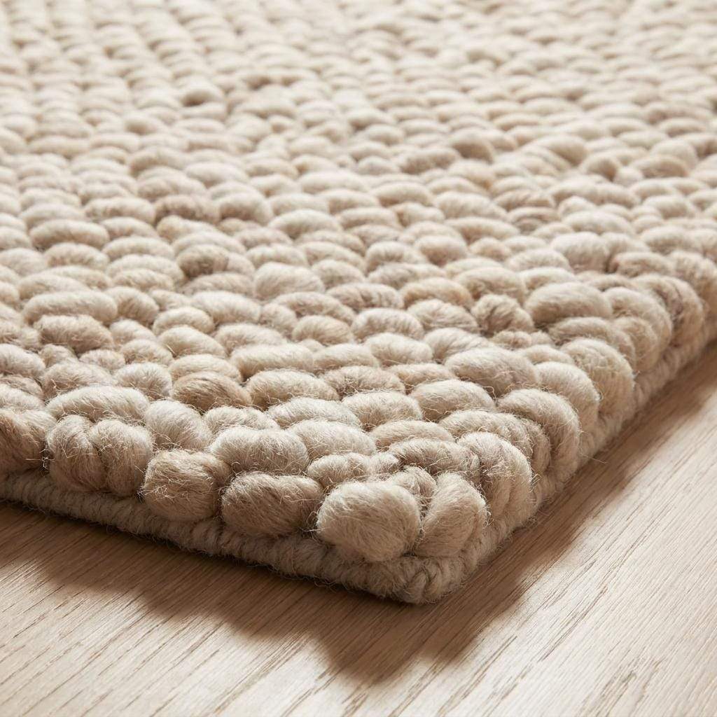 Handmade chunky wool rug with thick knit texture in neutral beige for cozy living room and bedroom decor