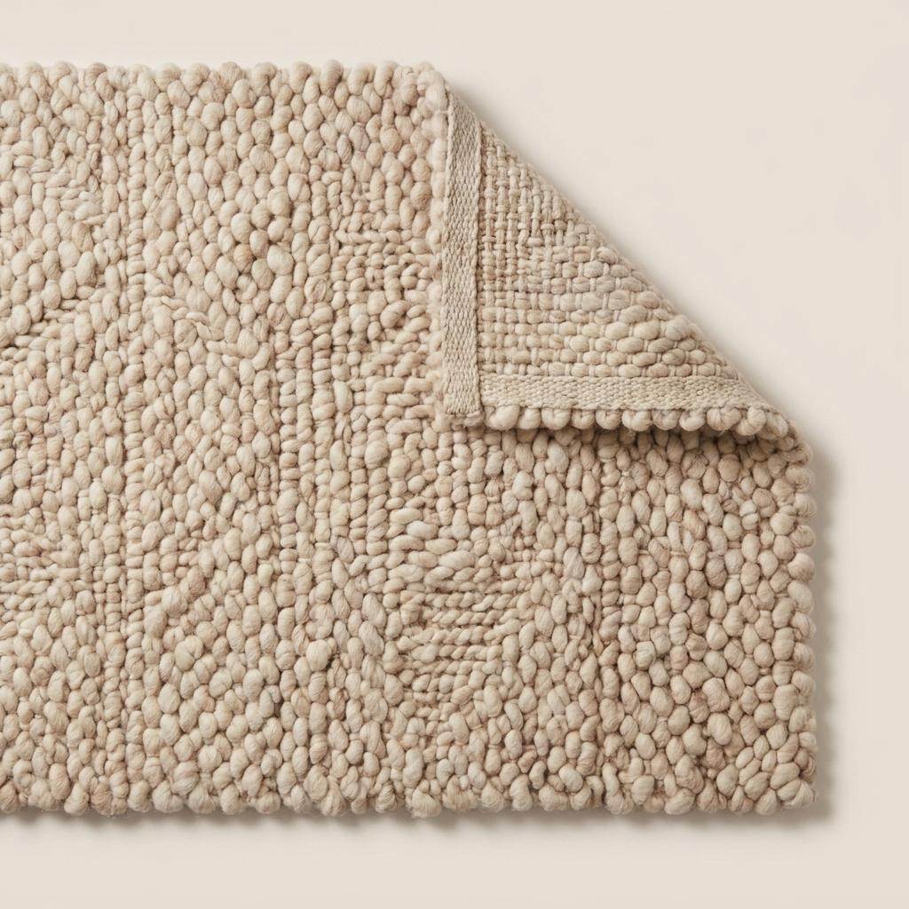 Handmade chunky wool rug with thick knit texture in neutral beige for cozy living room and bedroom decor