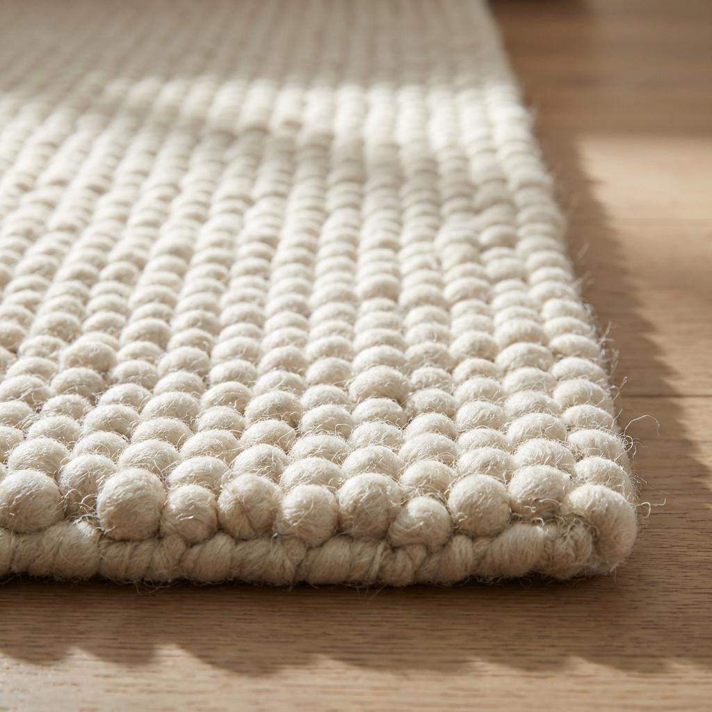 Chunky wool rug in neutral tones, handcrafted with thick plush wool, ideal for Scandinavian minimalist living room decor