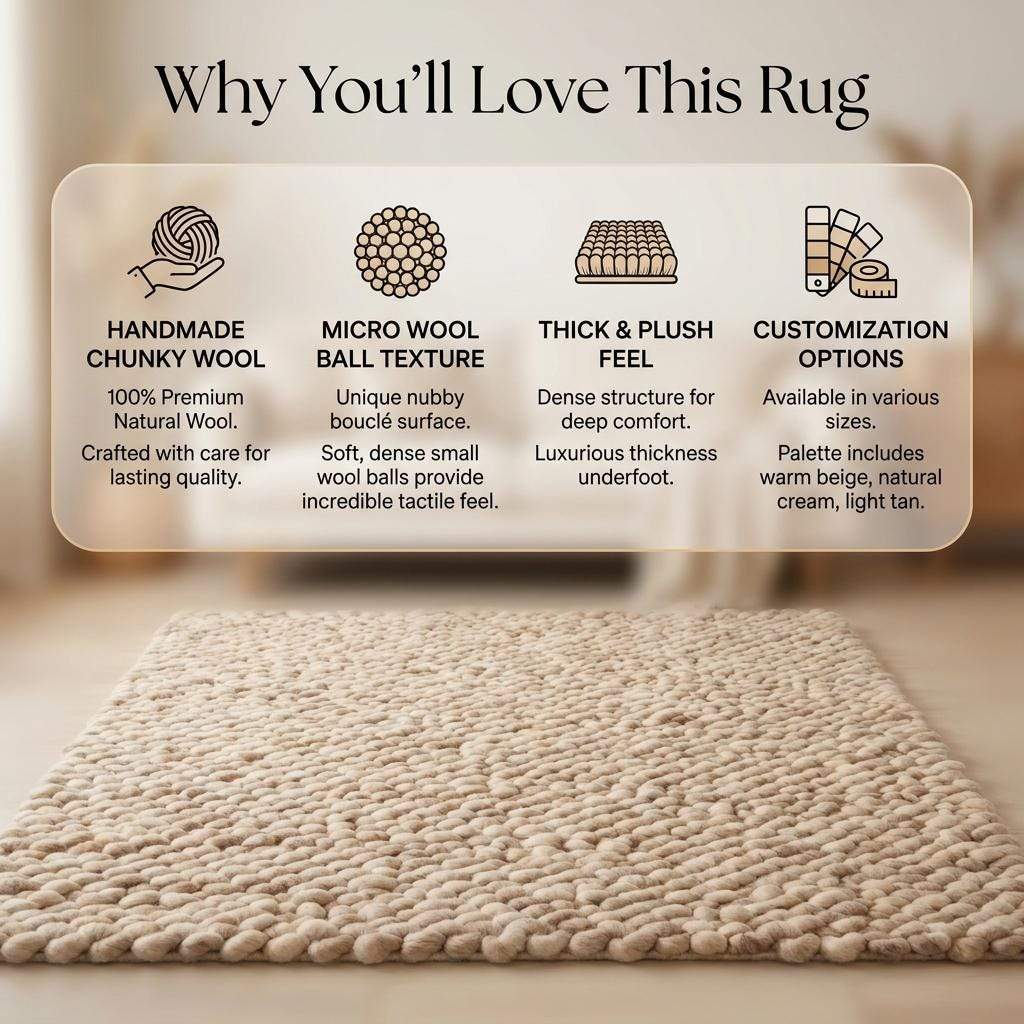 Handmade chunky wool rug with thick knit texture in neutral beige for cozy modern living room and bedroom decor