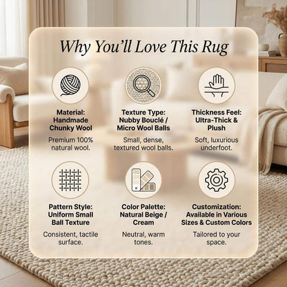 Handmade chunky wool rug with thick texture in neutral tones for cozy minimalist living room decor