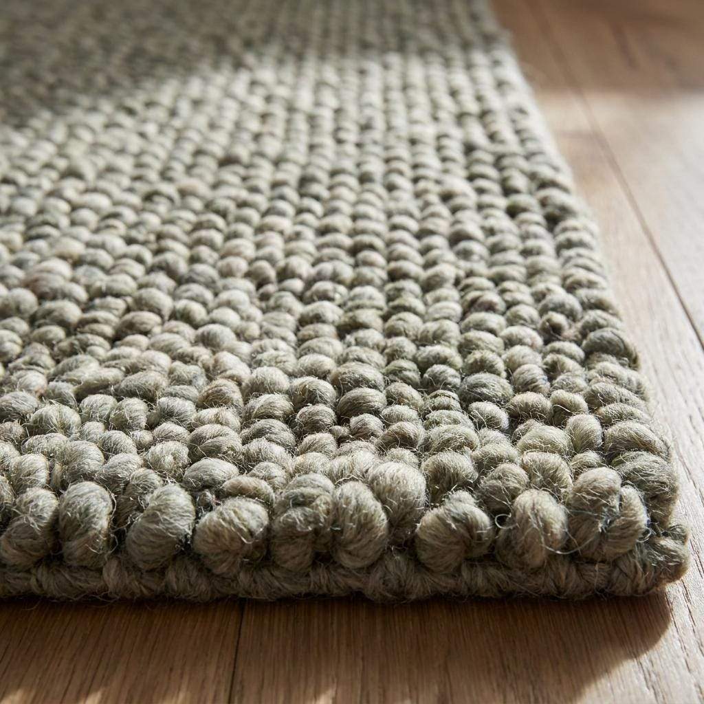 Handmade chunky wool rug with pebble texture in neutral tones for Scandinavian modern farmhouse decor