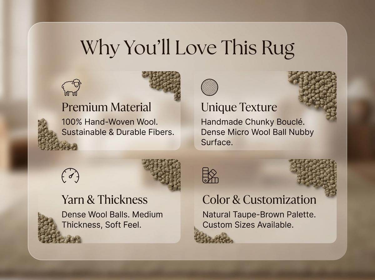 Chunky wool rug with thick loop pile in neutral tones for cozy farmhouse decor