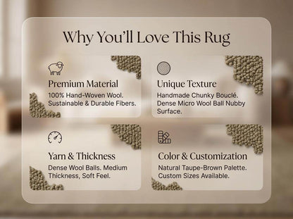 Chunky wool rug with thick loop pile in neutral tones for cozy farmhouse decor