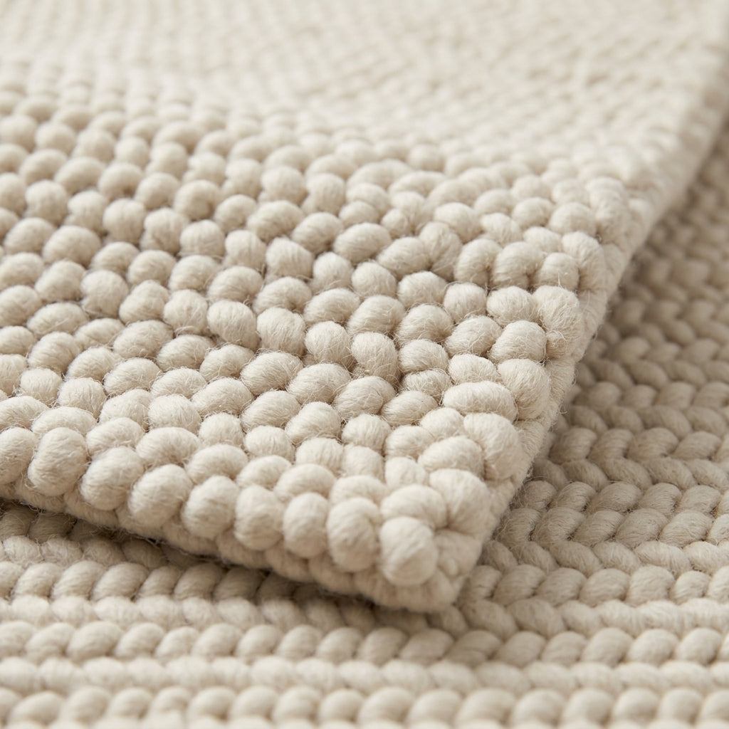 Chunky Wool Rug in warm ivory, with a thick, soft looped knit texture and tightly woven rows.