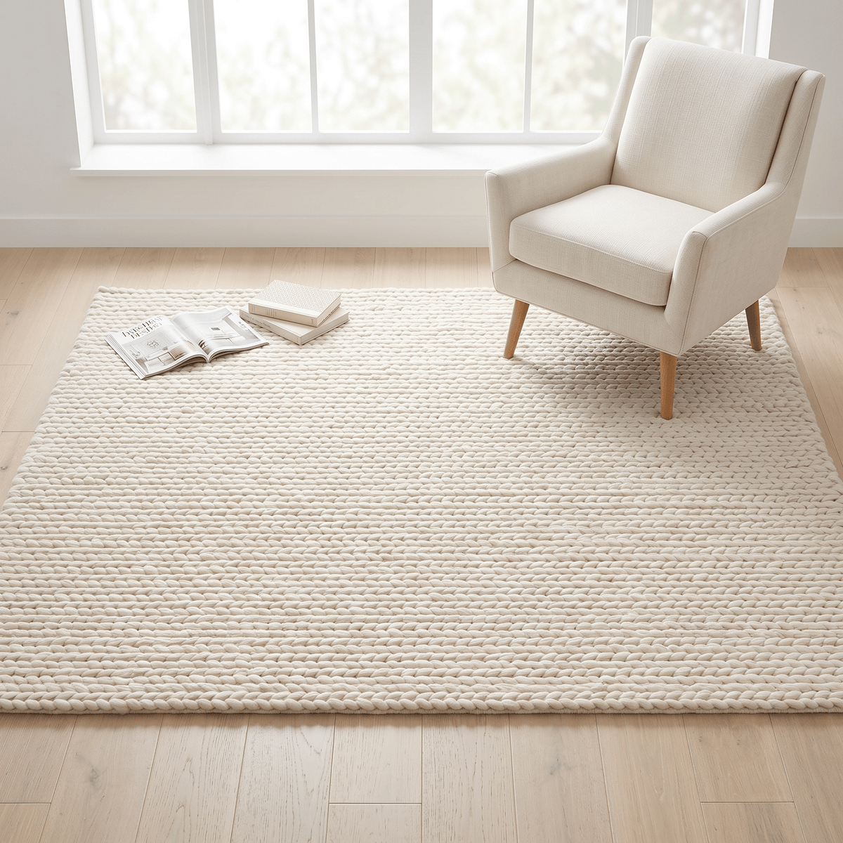 Chunky Wool Rug in ivory cream with a thick, tightly braided knit texture and neat, raised rows