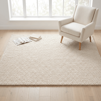 Chunky Wool Rug in ivory cream with a thick, tightly braided knit texture and neat, raised rows