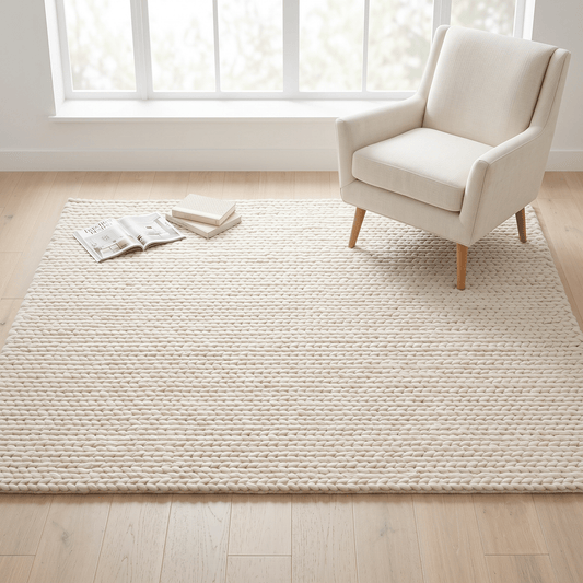 Chunky Wool Rug in ivory cream with a thick, tightly braided knit texture and neat, raised rows