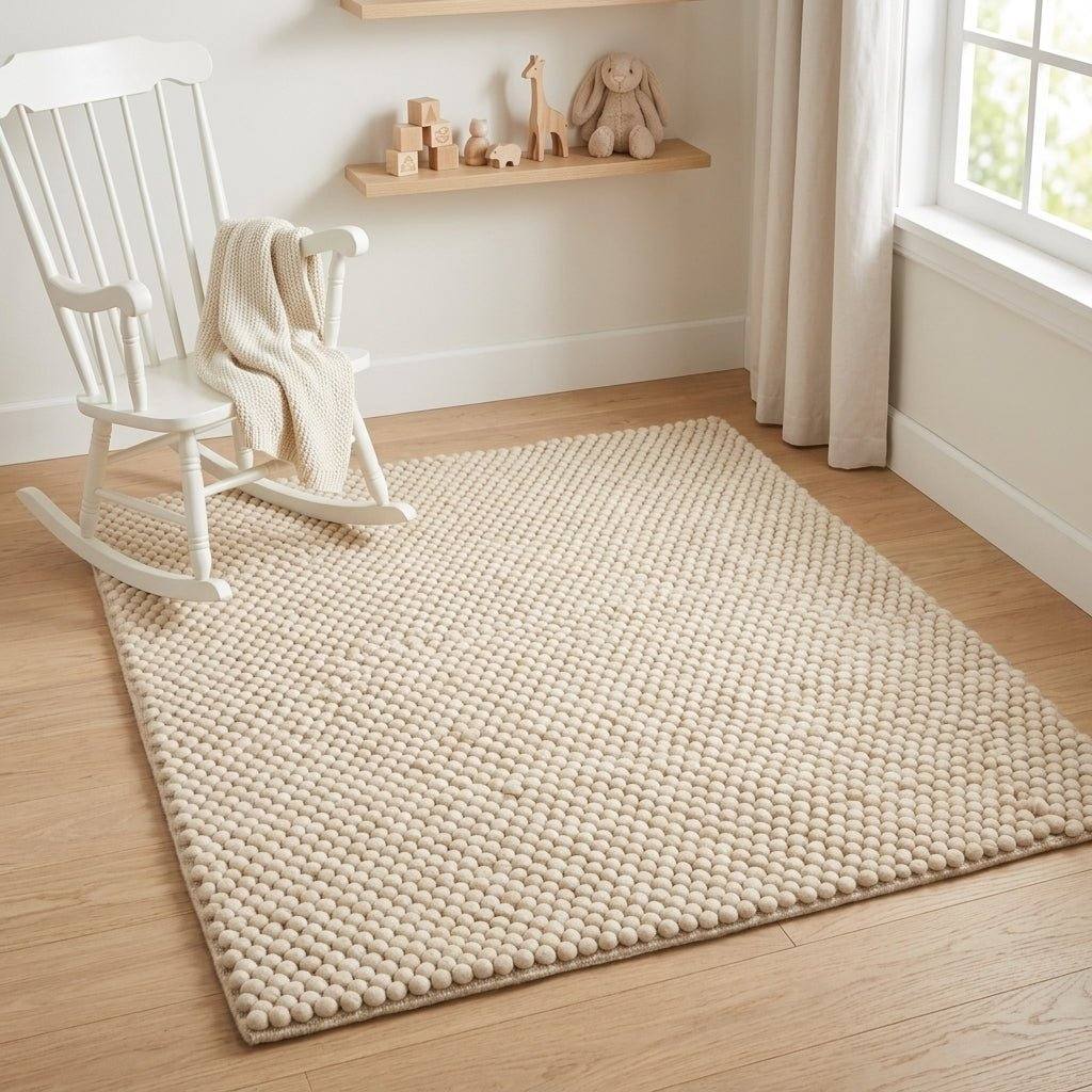 Chunky Wool Rug, Handwoven Felt Ball Pebble Area Rug, Ivory White Carpet, Modern Scandinavian Japandi Decor, Thick Cozy Living Room Floor Rug
