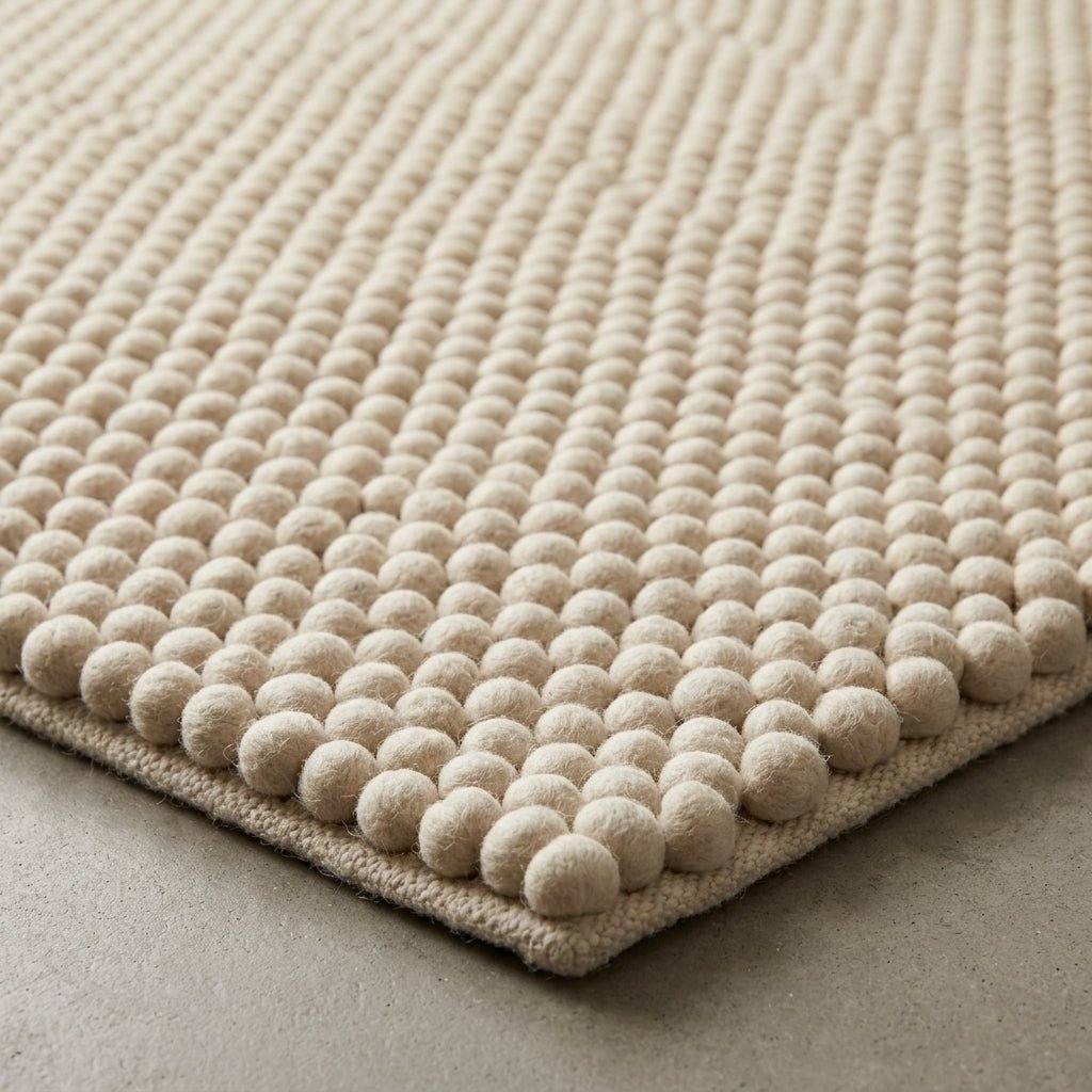 Chunky Wool Rug, Handwoven Felt Ball Pebble Area Rug, Ivory White Carpet, Modern Scandinavian Japandi Decor, Thick Cozy Living Room Floor Rug