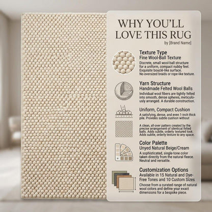 Chunky Wool Rug, Handwoven Felt Ball Pebble Area Rug, Ivory White Carpet, Modern Scandinavian Japandi Decor, Thick Cozy Living Room Floor Rug