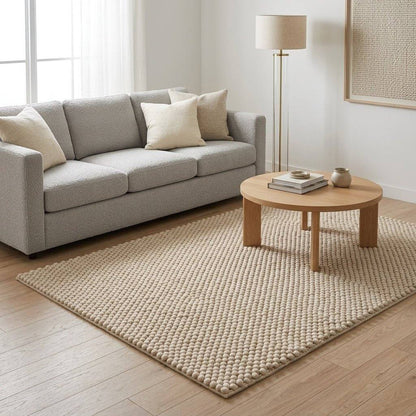 Chunky Wool Rug, Handwoven Felt Ball Pebble Area Rug, Ivory White Carpet, Modern Scandinavian Japandi Decor, Thick Cozy Living Room Floor Rug