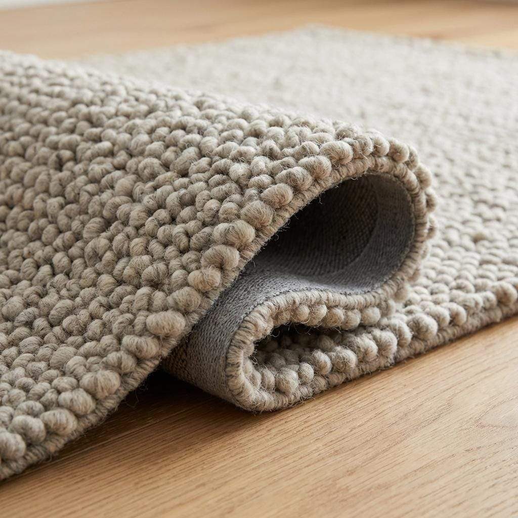 Chunky wool rug with handwoven pebble texture in neutral ivory tones for Scandinavian minimalist living room