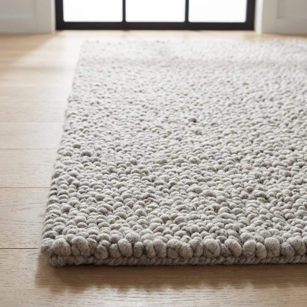 Chunky wool rug with handwoven pebble texture in neutral ivory tones for Scandinavian minimalist living room