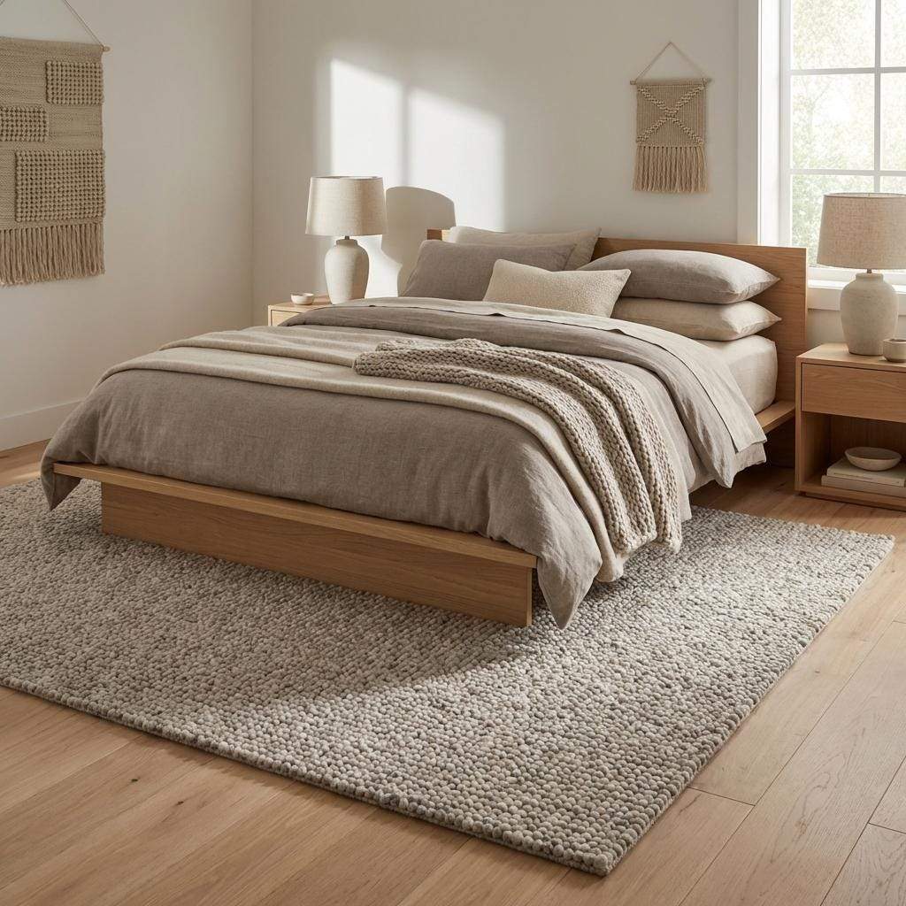 Chunky wool rug with handwoven pebble texture in neutral ivory, ideal for Scandinavian and minimalist living rooms