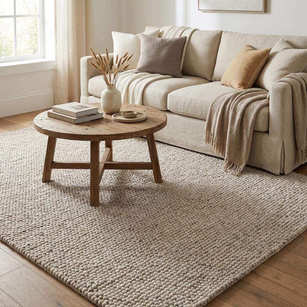 Chunky wool rug with handwoven pebble texture in neutral ivory for Scandinavian minimalist living room