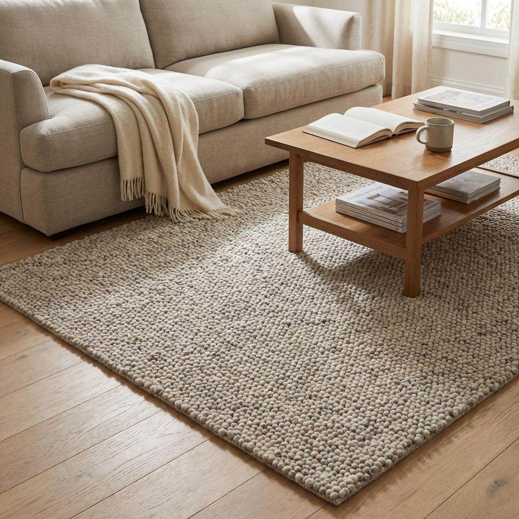 Chunky wool rug with handwoven pebble texture in neutral ivory tones for Scandinavian minimalist living room