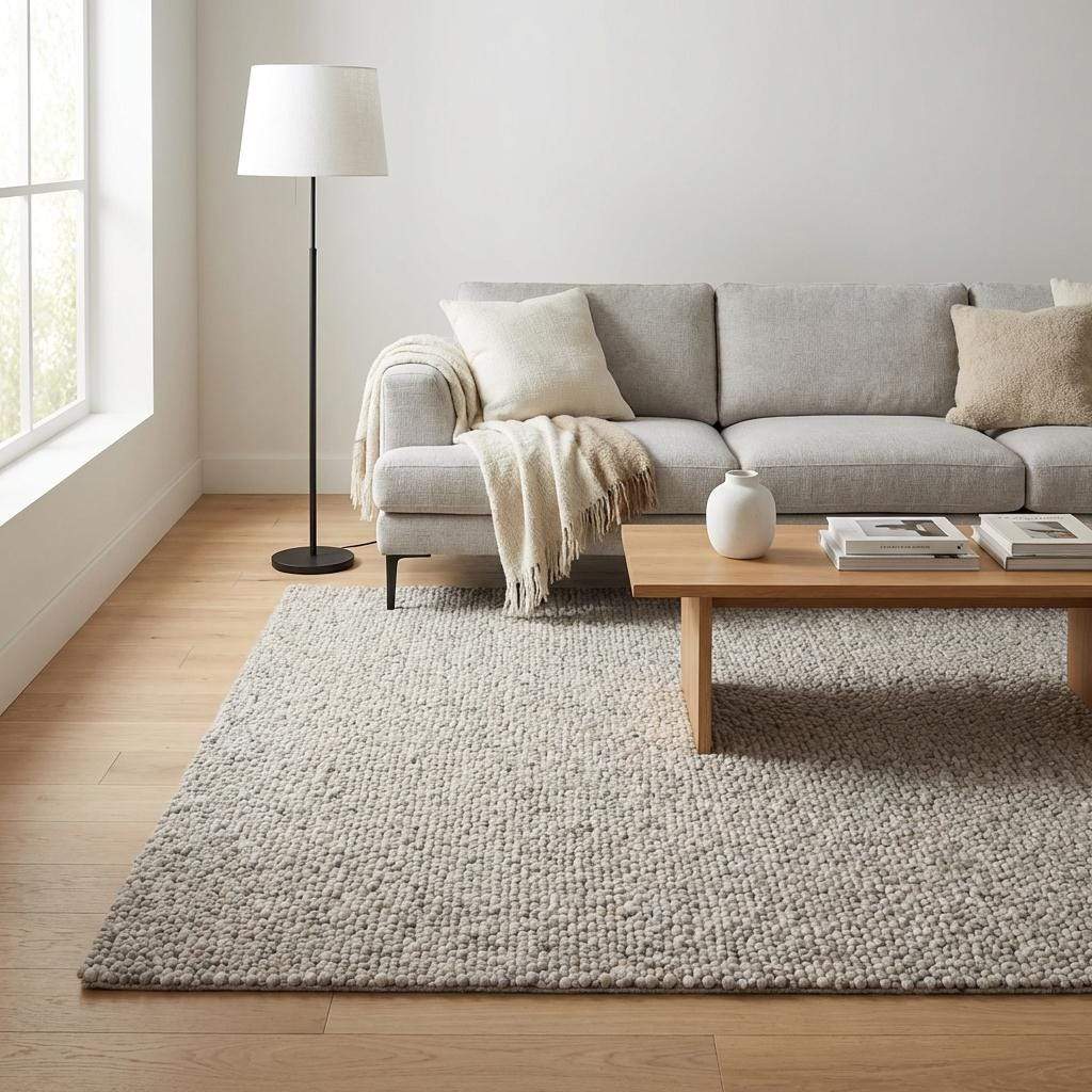 Chunky wool rug with handwoven pebble texture in neutral ivory tones for Scandinavian minimalist living rooms