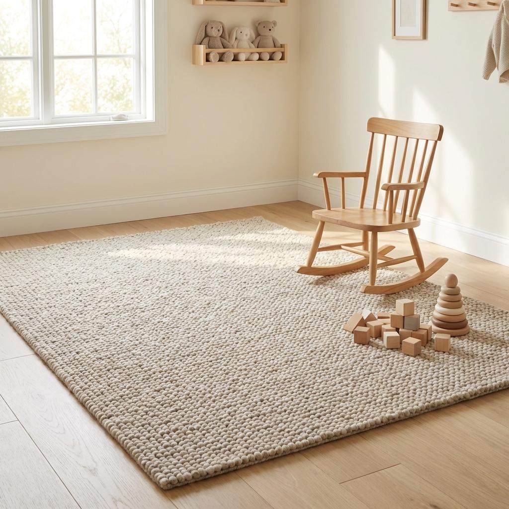 Chunky wool rug with handwoven pebble texture in neutral ivory tones for Scandinavian minimalist decor
