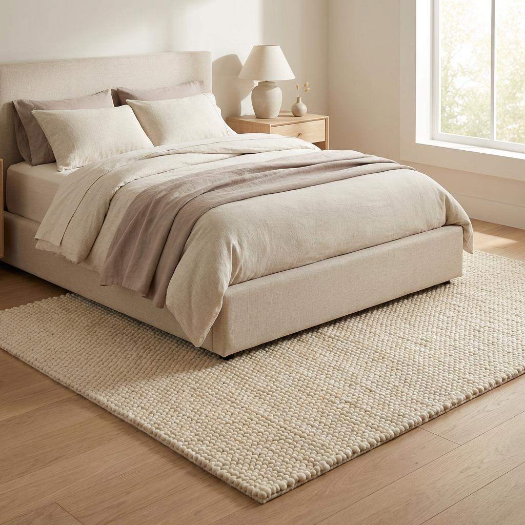 Handmade chunky wool rug in neutral tones, cozy Scandinavian minimalist living room carpet with thick plush texture