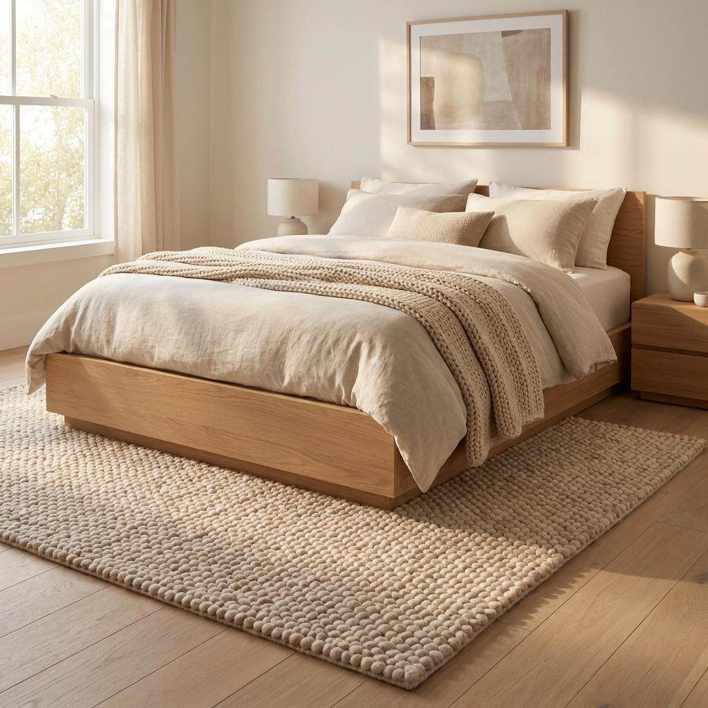 Handmade chunky wool rug with thick knit texture in neutral beige for cozy living room and bedroom decor