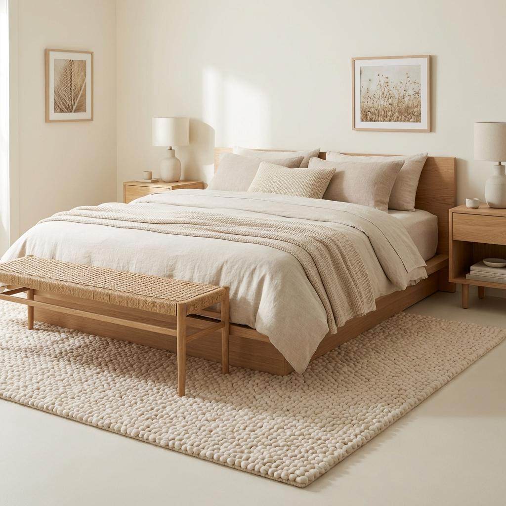 Handmade chunky wool rug with thick textured loops in a neutral color for cozy minimalist home decor