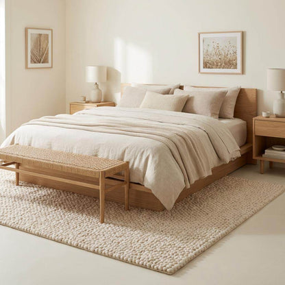 Handmade chunky wool rug with thick textured loops in a neutral color for cozy minimalist home decor