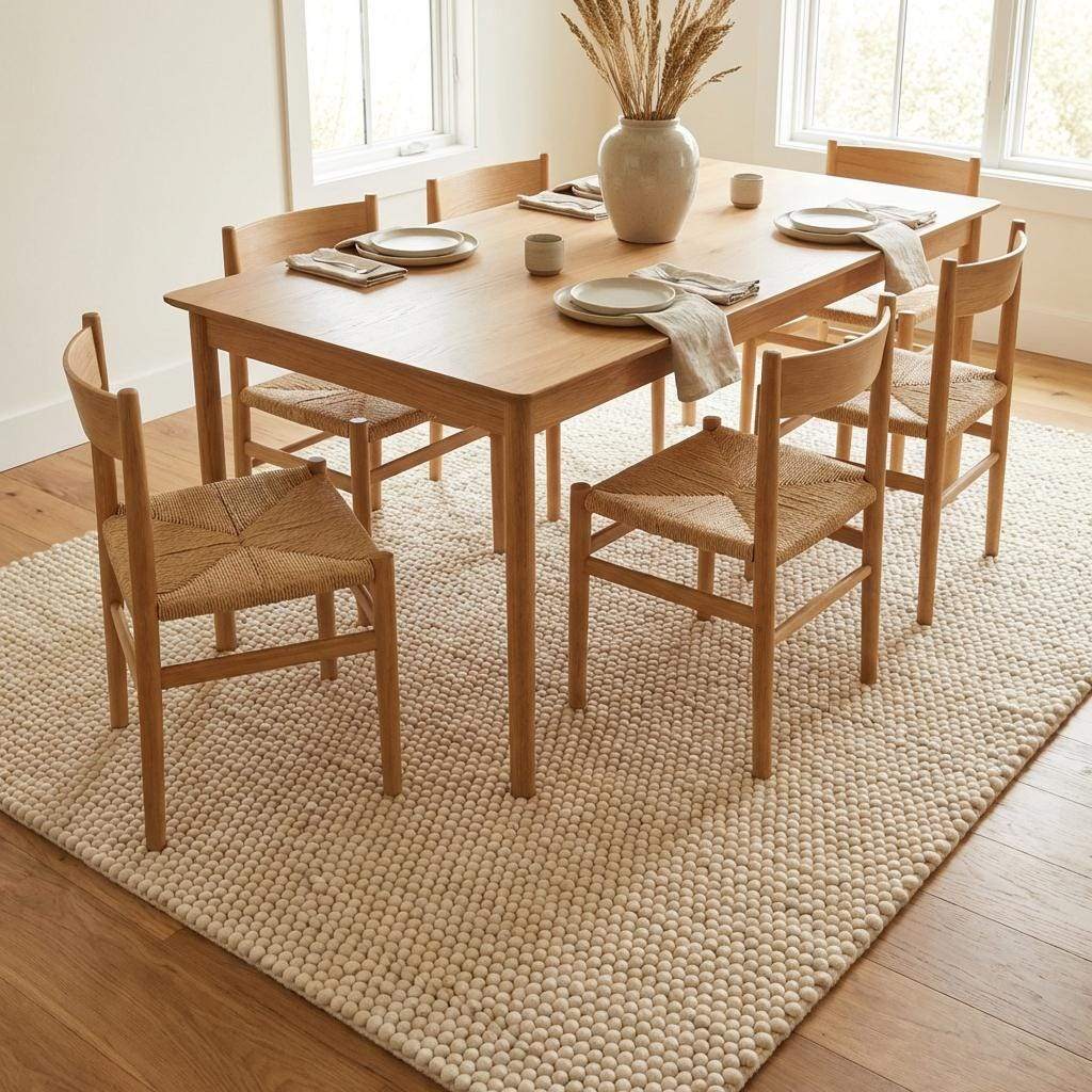 Handmade chunky wool rug in neutral tones, soft looped texture for Scandinavian minimalist living room decor
