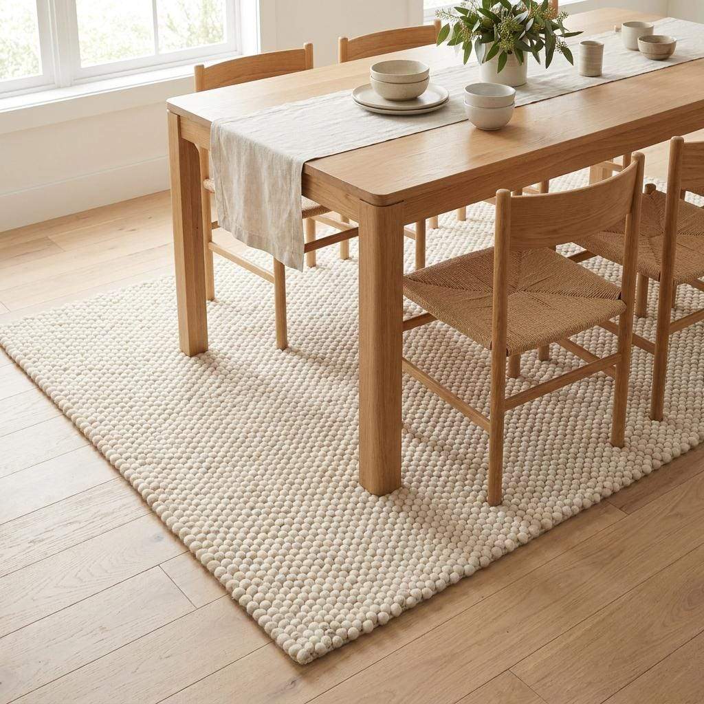 Handwoven chunky wool rug in neutral tones with pebble texture for modern Scandinavian decor
