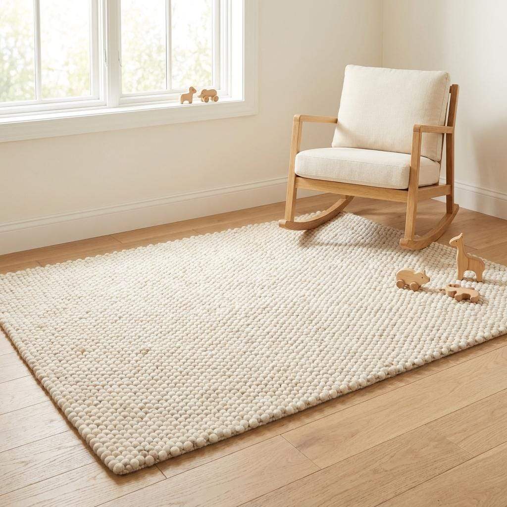 Handwoven chunky wool rug with neutral cream and beige felt balls, cozy Scandinavian minimalist design for living room and bedroom decor