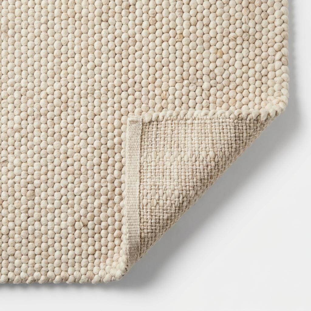 Handwoven chunky wool rug with neutral tones and pebble texture for modern Scandinavian decor