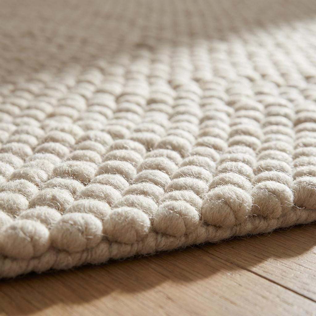 Handwoven chunky wool rug with neutral cream and beige felt balls, modern Scandinavian minimalist design for cozy living spaces