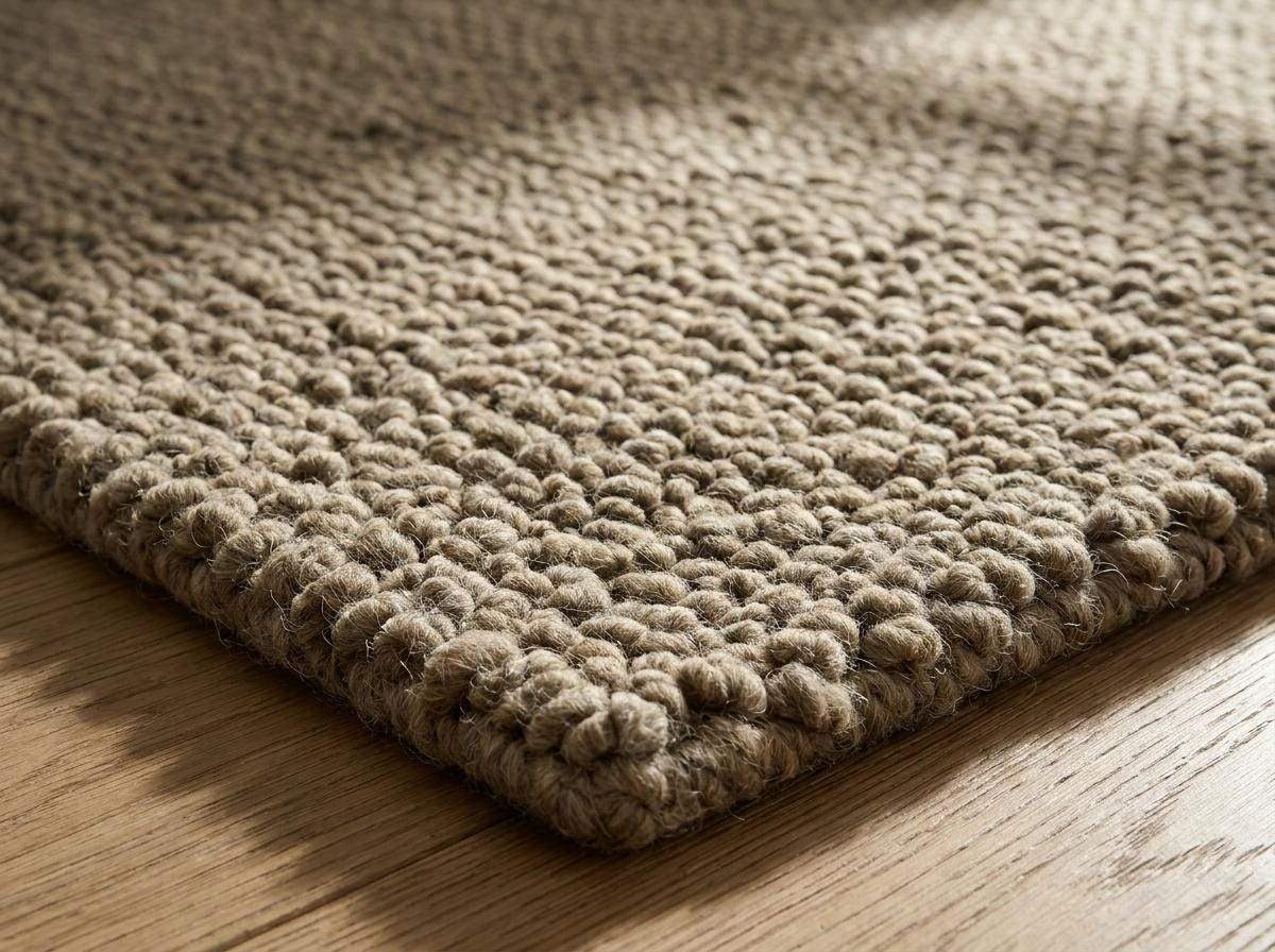 Chunky wool rug with thick loop pile in neutral tones for cozy farmhouse decor