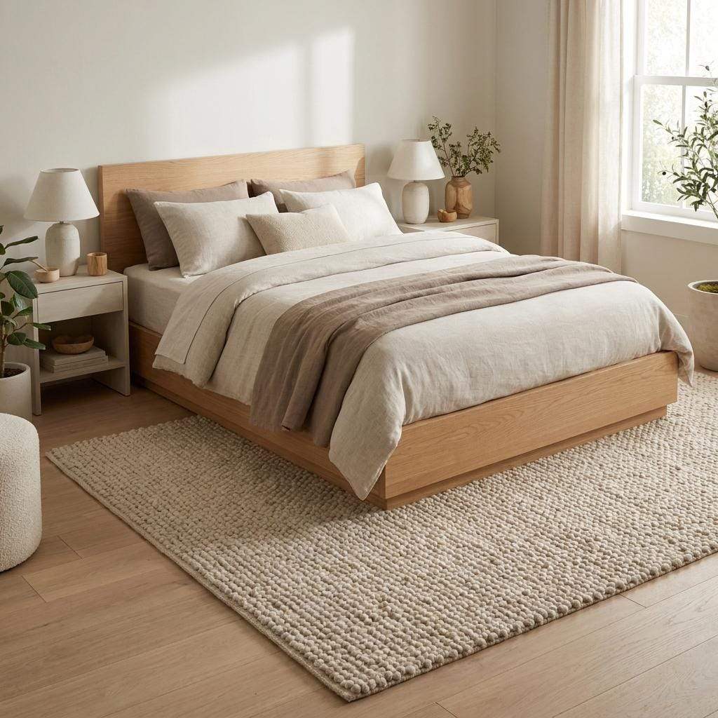 Chunky wool rug with neutral tones and handwoven loop pile, cozy minimalist farmhouse decor