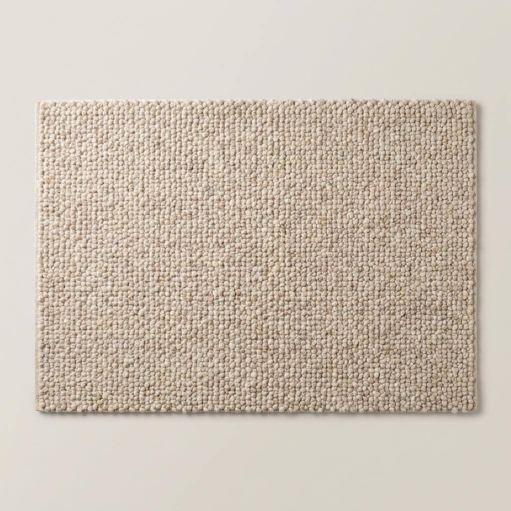Chunky wool rug with neutral tones and handwoven loop pile texture in a cozy minimalist living room setting