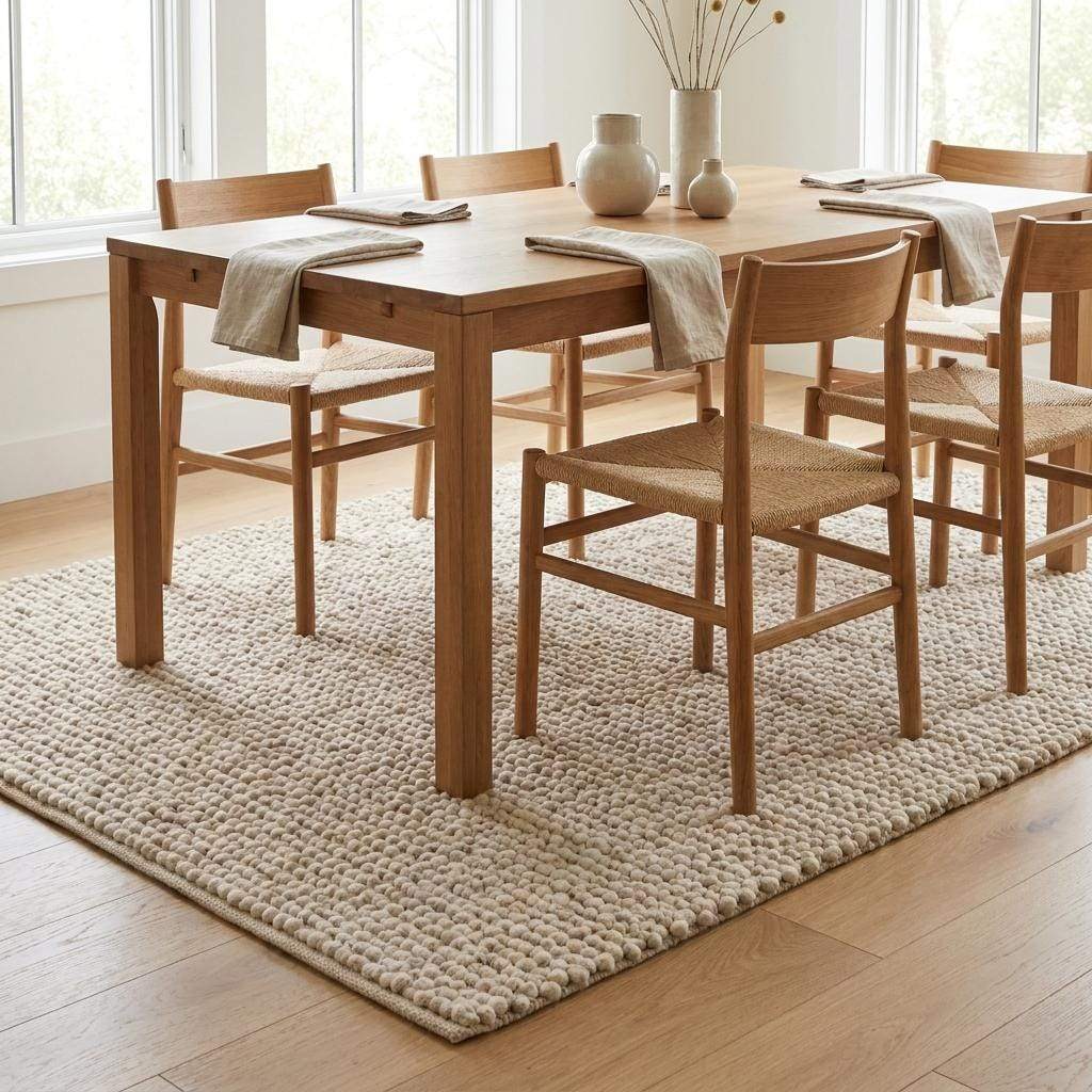 Chunky wool rug with neutral tones and handwoven loop pile in a cozy minimalist Scandinavian farmhouse decor setting