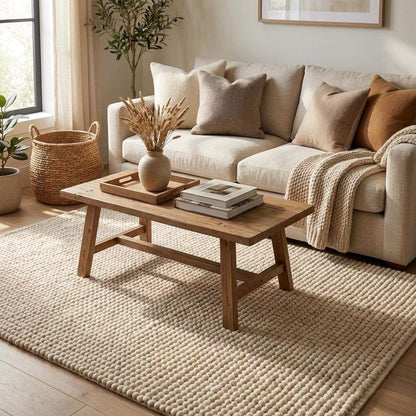 Chunky wool rug with neutral tones and handwoven loop pile in minimalist Scandinavian decor style