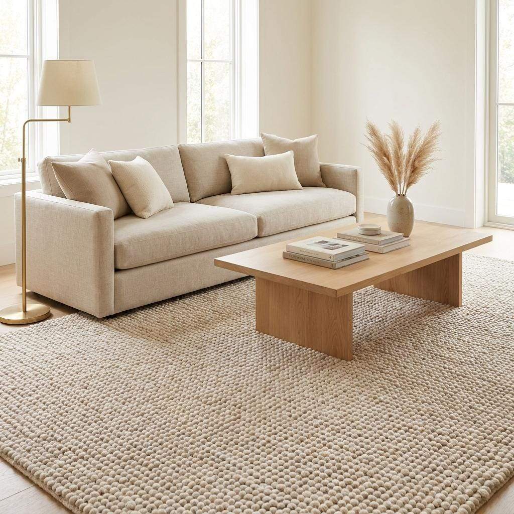 Chunky wool rug handwoven neutral loop pile cozy minimalist farmhouse Scandinavian decor