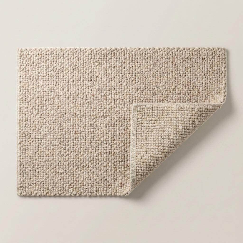 Chunky wool rug with neutral tones and handwoven loop pile texture for cozy minimalist decor