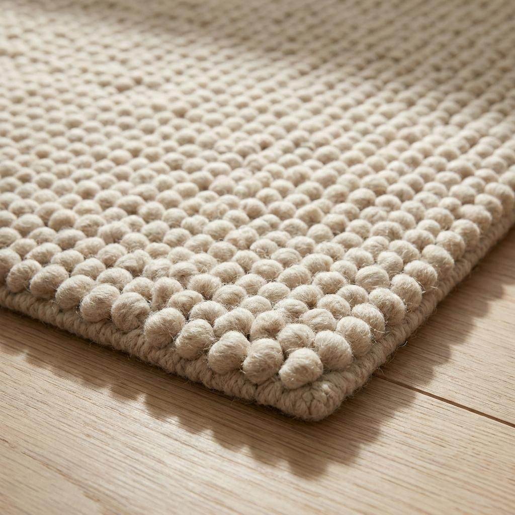 Chunky wool rug with thick loop pile in neutral tones, handwoven for cozy, minimalist Scandinavian and farmhouse decor