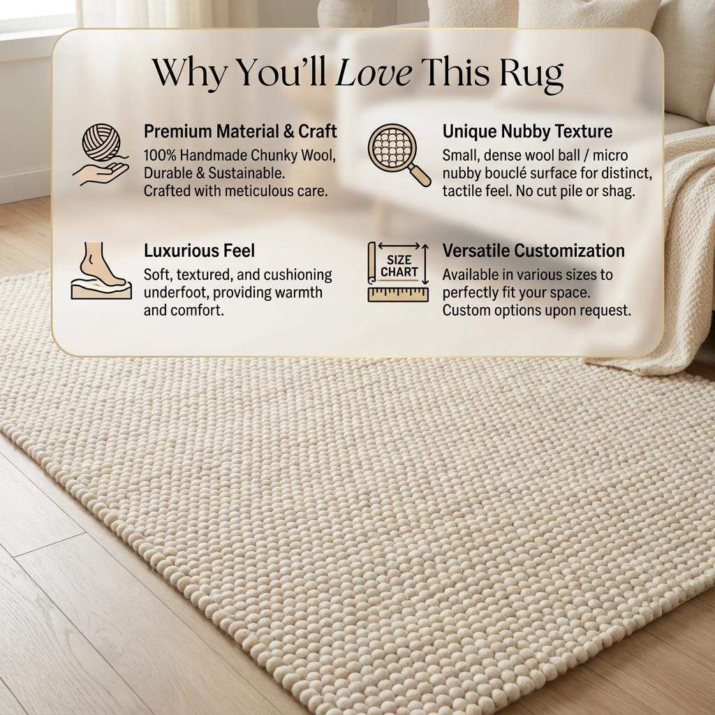 Handwoven chunky wool rug with neutral cream felt balls, Scandinavian minimalist design for cozy living room and bedroom decor