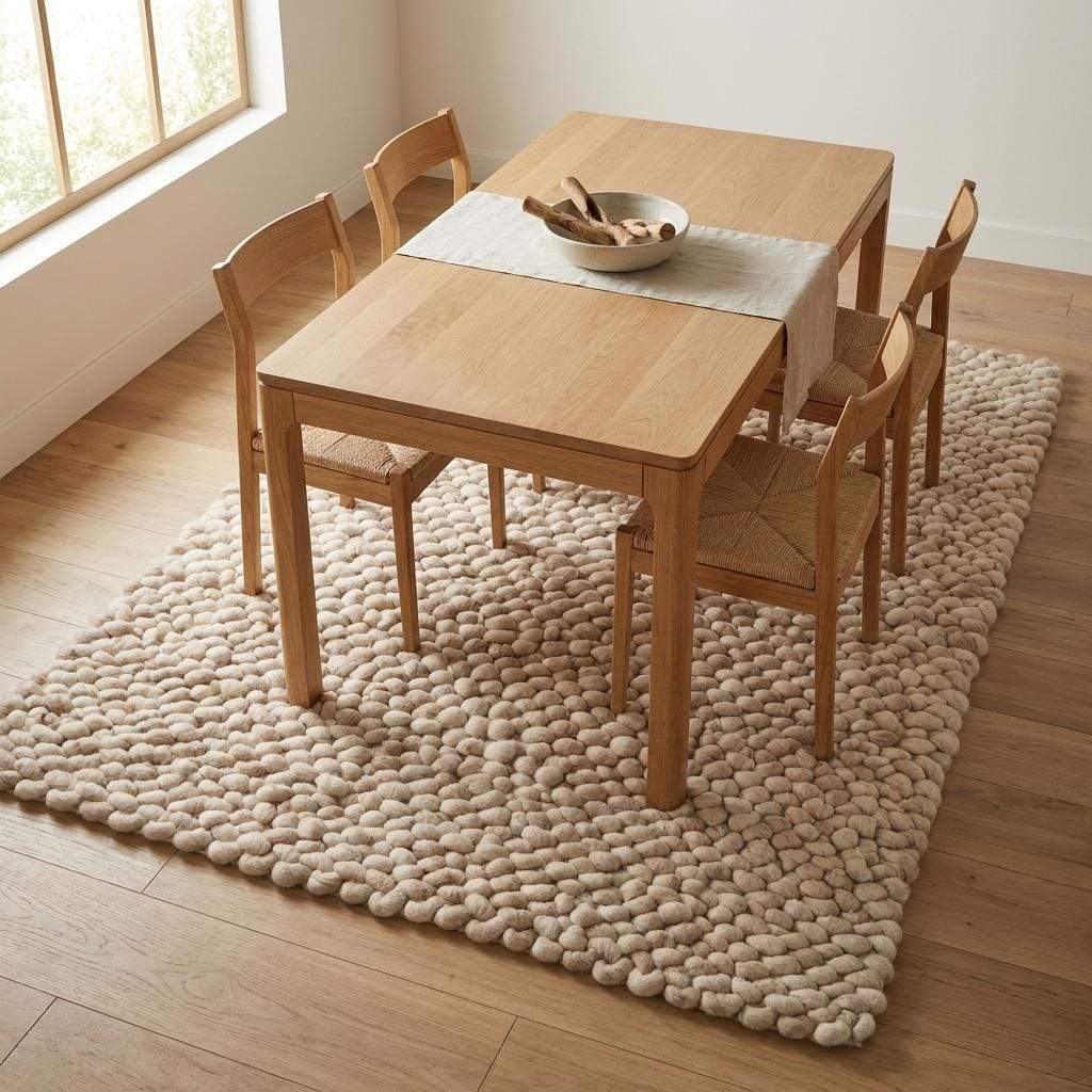 Handmade chunky wool rug with thick knit texture in neutral beige, perfect for cozy living room and bedroom decor