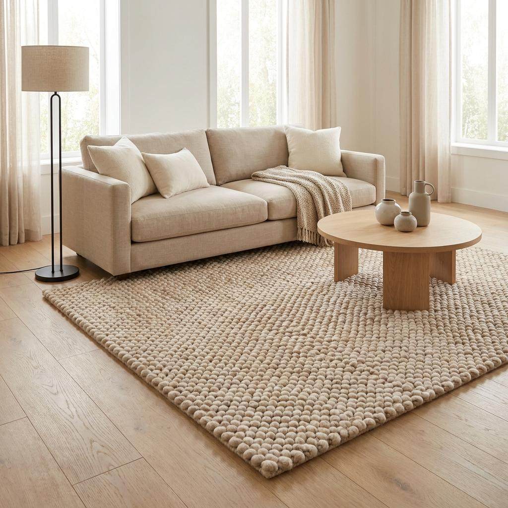 Handmade chunky wool rug with thick knit texture in neutral beige for cozy living room and bedroom decor
