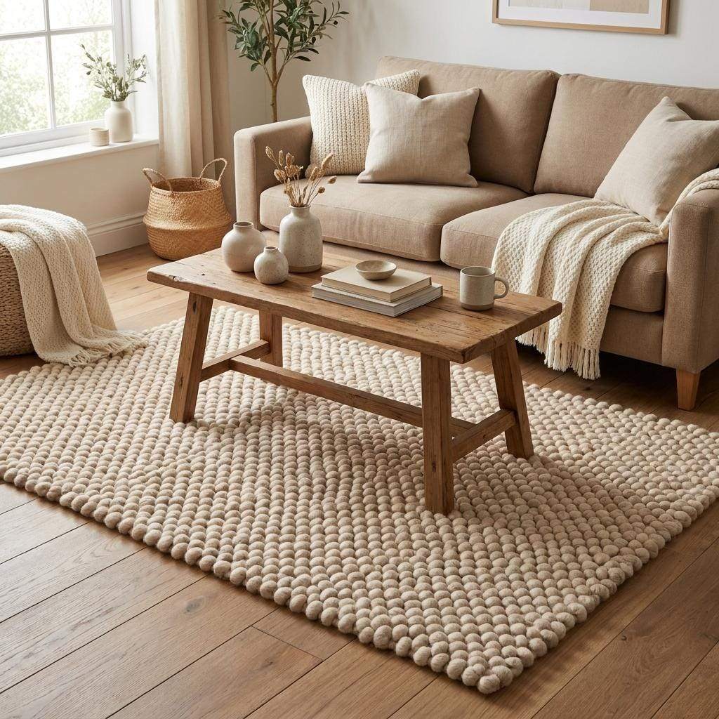 Handmade chunky wool rug with thick knit texture in neutral beige for cozy modern living room and bedroom decor